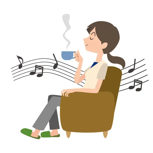 Bir kadın içkiyle müzik dinleyerek rahatlıyor.