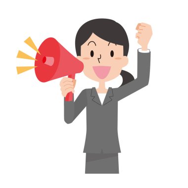 Takım elbiseli bir kadın hoparlörle tezahürat yapıyor.