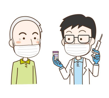 Doktorlar aşıları ve yaşlı erkek hastaları açıklıyor.