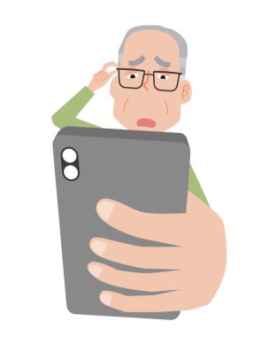 Prebyopisi olan ve akıllı telefonları görmekte zorlanan yaşlı bir adam.
