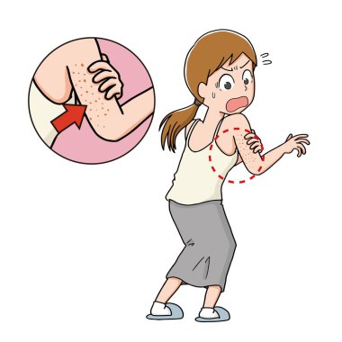 Üst kollarındaki sert cilde şaşırmış bir kadın.