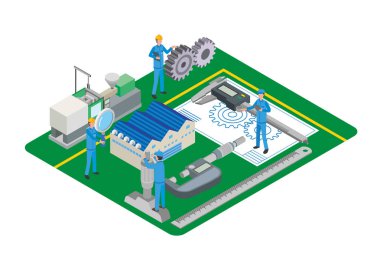 Üretim fabrikası ve ölçüm aletlerinin çizimi