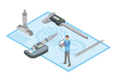 Mekanik tasarımcı ve ölçüm araçlarının resim çizimi