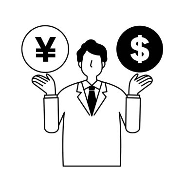 Man holding dollars and yen