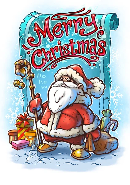 漫画のかわいい面白いひげを生やしたサンタクロース赤い衣装と大きな休日プレゼントバッグやボックスとキャップ 青を背景に 新年とクリスマスのアイコン — ストック写真