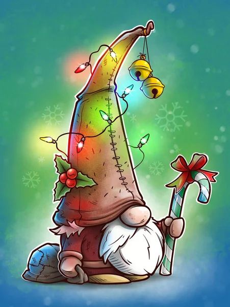 Κινούμενα Σχέδια Χαριτωμένο Αστείο Γενειοφόρος Λίγο Χριστούγεννα Gnome Πρωτοχρονιάτικα Γιρλάντες — Φωτογραφία Αρχείου