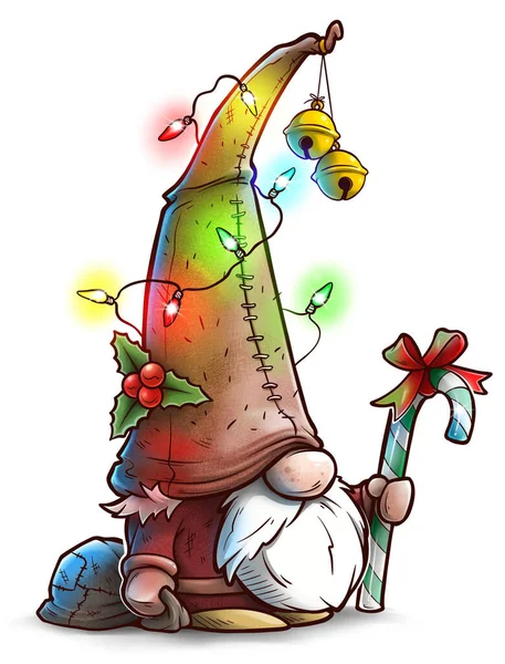 Cartoon cute funny bearded little Christmas gnome with New Years garlands and candy. On white background. New Year and Christmas icon.