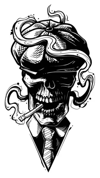 Graphic Hand Drawn Realistic Angry Human Skull Retro Cap Cigarette — Stock Vector