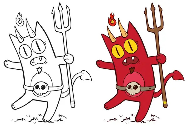 Cartone Animato Divertente Halloween Diavolo Gatto Con Tridente Fuoco Cartolina — Vettoriale Stock