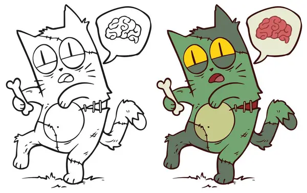 Cartone Animato Divertente Halloween Verde Zombie Gatto Con Osso Cartolina — Vettoriale Stock