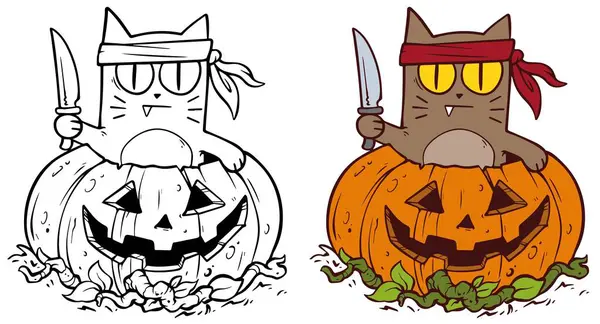 Cartone Animato Divertente Halloween Gatto Zucca Spaventoso Con Coltello Cartolina — Vettoriale Stock