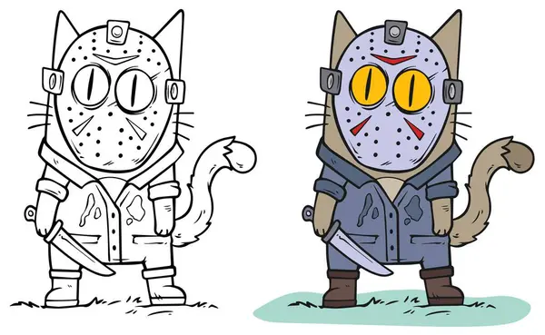 Γελοιογραφία Αστείο Halloween Γάτα Πάγο Μάσκα Χόκεϊ Μαχαίρι Χειροποίητη Διανυσματική — Διανυσματικό Αρχείο
