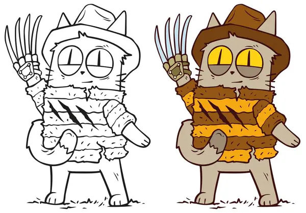 Cartone Animato Divertente Halloween Mostro Gatto Con Artigli Affilati Coltello — Vettoriale Stock