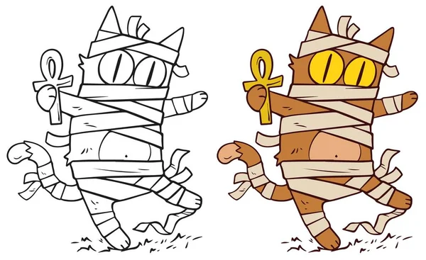 Γελοιογραφία Αστείο Απόκριες Μούμια Γάτα Επίδεσμο Ankh Χειροποίητη Διανυσματική Κάρτα — Διανυσματικό Αρχείο