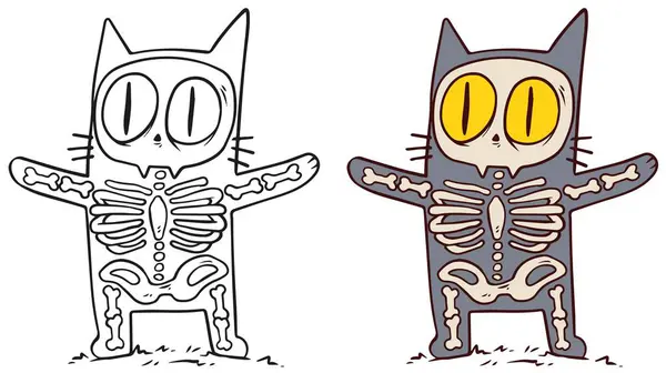 Cartone Animato Divertente Halloween Ray Scheletro Gatto Con Ossa Cartolina — Vettoriale Stock