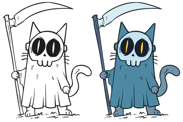 Γελοιογραφία Αστείο Χάλογουιν Γάτα Θανάτου Αιχμηρό Δρεπάνι Χειροποίητη Διανυσματική Κάρτα — Διανυσματικό Αρχείο