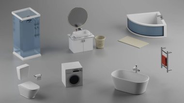 Banyo hazır. Üç boyutlu illüstrasyon. Simgeler