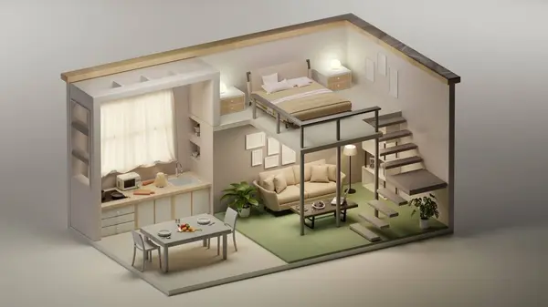 Oturma odasının iç tasarımı. Isometric 3B illüstrasyon