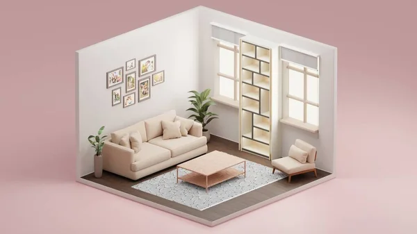 Living room interior design. Isometric 3D illustration