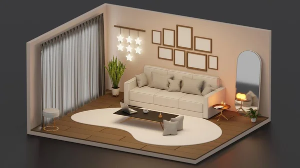 Oturma odasının iç tasarımı. Isometric 3B illüstrasyon