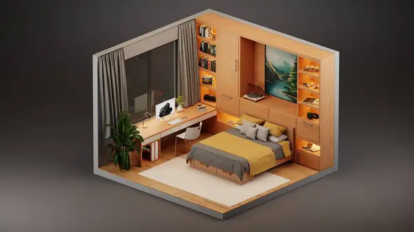 Yatak odası izometrik iç mekan 3D
