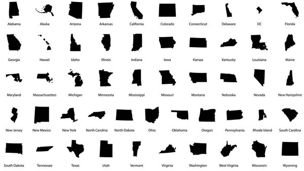 Векторные иллюстрации всех пятидесяти штатов Соединенных Штатов Америки с названиями каждого штата, написанными ниже
