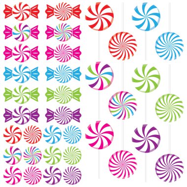 Şekerleme, lolipop ve kırmızı, pembe, yeşil, mavi, mor ve gökkuşağı renklerine sarılı şekerler.