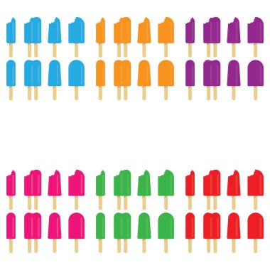 Mavi, turuncu, mor, pembe, yeşil ve ısırık izleri olan kırmızı buzlu şeker kümeleri. 