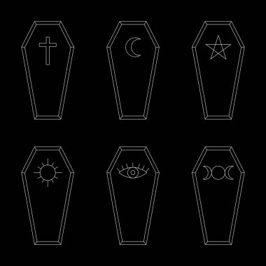 Haçlı tabutların çizgi çizimleri, hilal ayları, yıldızlar, güneş ve kem gözler.