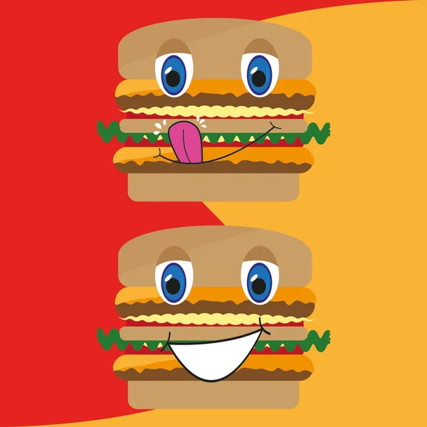 Burger Delightful Burger Duo Mosolygós Burgerek Vektorillusztrációja Tökéletes Vacsorák Kávézók — Stock Fotó