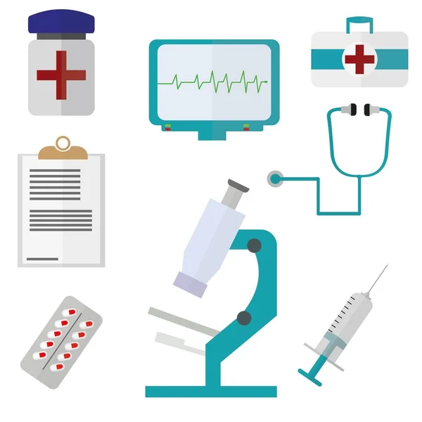 Ilustracja Wektorowa Ikonami Szpitalnymi Stetoskop Strzykawka Leki Reprezentuje Zdrowie Opiekę — Wektor stockowy