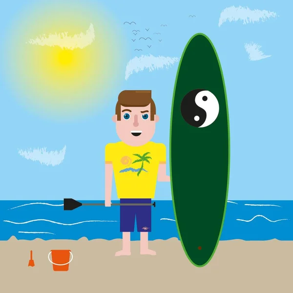 サーフボードを持っているサーファーのスリリングイメージ ビーチ サーフィン ウォータースポーツ関連のテーマに最適です エネルギーと冒険を放射する — ストックベクタ