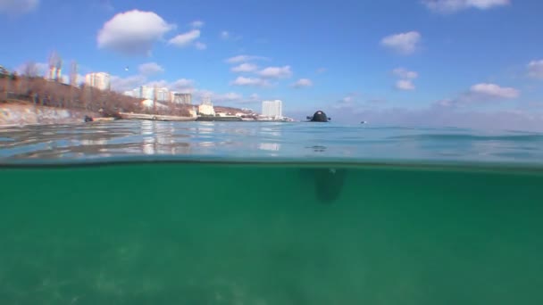 Водолаз Подводном Скутере Приближается Камере Поверхности Воды Снимая Половину Воды — стоковое видео