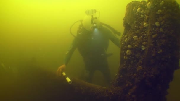 水中考古学研究 科学者ダイバーは川の底に横たわっている18世紀の木製の容器を調べます — ストック動画