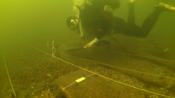 水中考古学研究 科学者ダイバーは金属探知機が信号を出した時点で地面を破壊します — ストック動画
