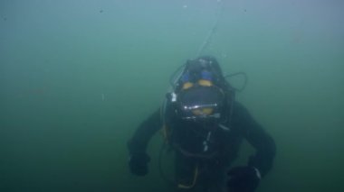 Ticari bir dalgıç nehir kıyısının bulanık sularında deniz yatağı boyunca yürür..