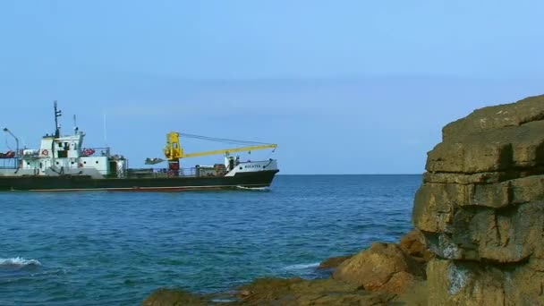 Tourism Snake Island Ship Moves Sea Surface Comes Cape Ship — Stock Video