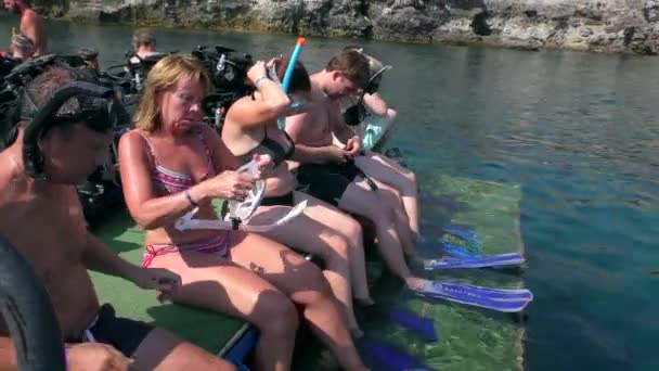 Snorkeling Μια Ομάδα Τουριστών Προσαρμόσετε Υποβρύχιες Μάσκες Πριν Από Την — Αρχείο Βίντεο