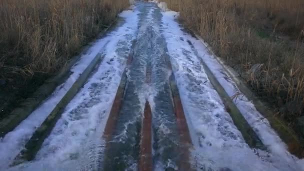 Fast Stream Dirty Water Escaping Pipe Rushes Concrete Channel Natural — Stockvideo