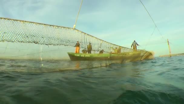 Commercial Fishing Traditional Black Sea Fishing Fishermen Check Catch Stationary — стоковое видео