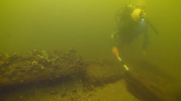 水中考古学研究 川の底に横たわる18世紀の木製船の破片を調査する科学者のダイバー — ストック動画
