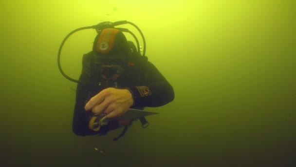 Pesquisa Arqueológica Subaquática Mergulhador Científico Desenha Plano Navio Madeira Século — Vídeo de Stock