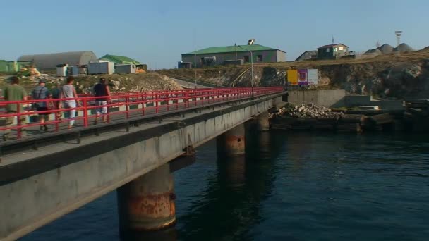 Een Groep Mensen Loopt Langs Pier Van Zmeiny Island Uitzicht — Stockvideo