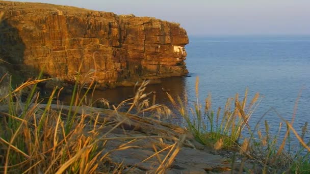 蛇岛上岩石的海景 背景平静的大海 夕阳西下的阳光 乌克兰 — 图库视频影像