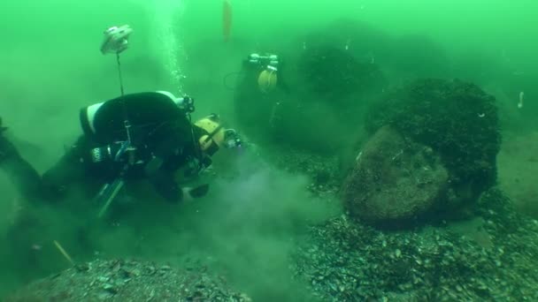 Підводна Археологія Водолаз Металошукачем Копає Дно Пристрій Дав Сигнал Задньому — стокове відео
