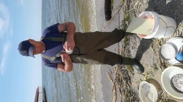 Vertical Footage Young Male Researcher Processing Samples Seashore Flood Caused — Stock Video