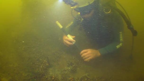 Dnepr River Ucrânia Junho 2018 Pesquisa Arqueológica Subaquática Mergulhador Examina — Vídeo de Stock