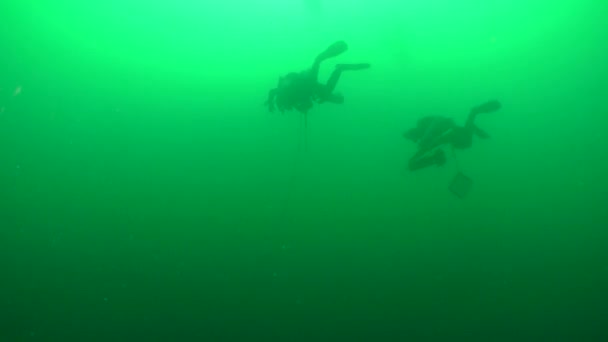 Vrak Potápění Potápěči Sestupují Temných Hlubin Pozůstatky Potopené Lodi — Stock video