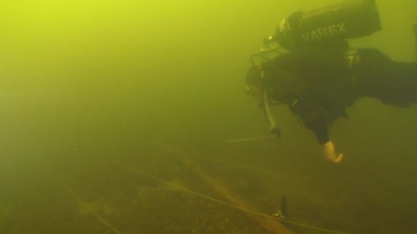 水中考古学的研究 金属探査機とダイバーは 底にマークされた研究サイトに沿って泳ぎ 問題のある水に消えます — ストック動画