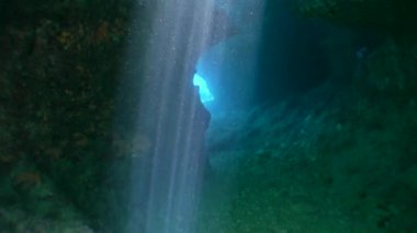 Kamera, güneş ışığı perdesinden su altı taş tüneline geçiyor..